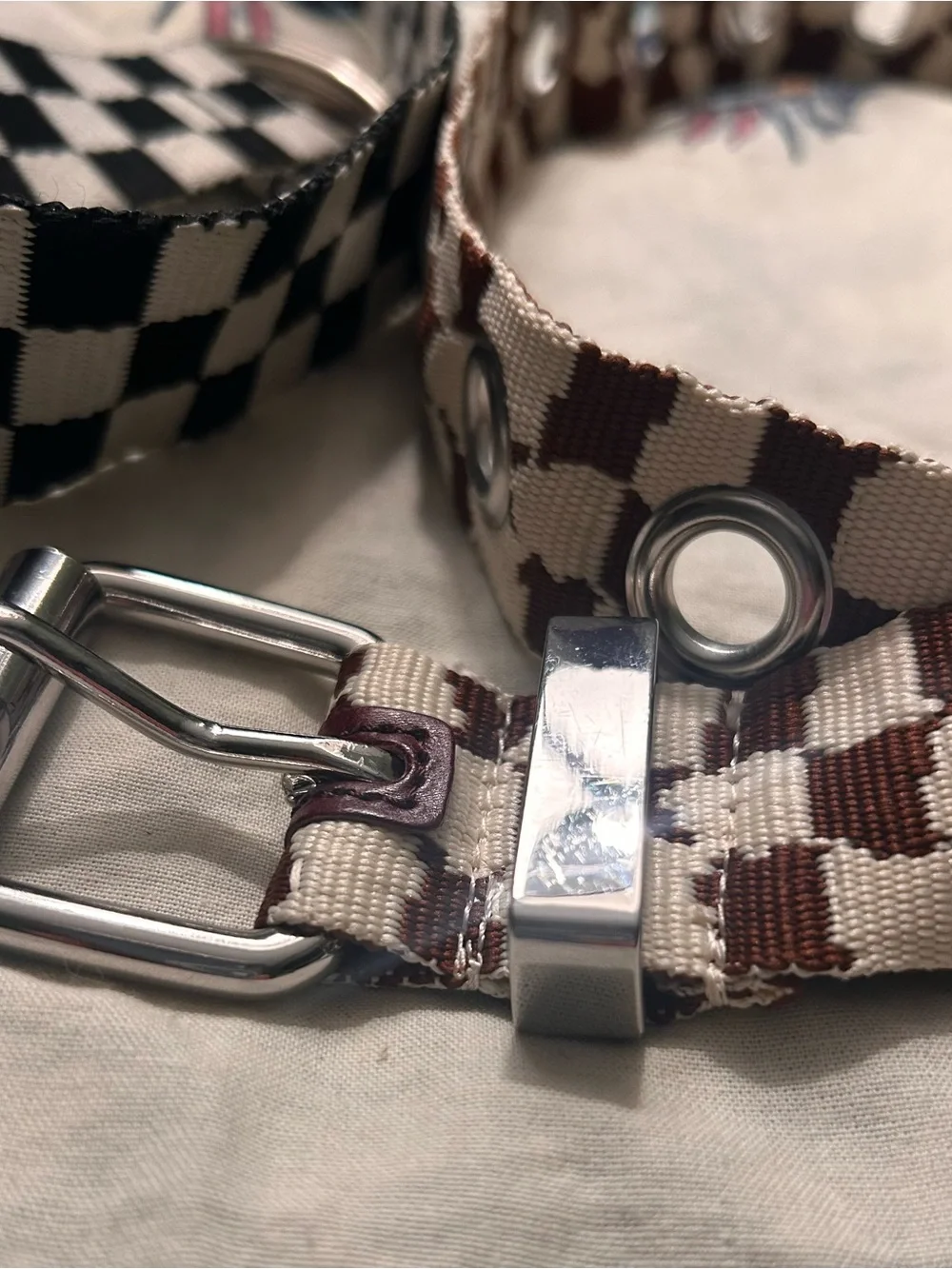 Urban Outfitters Canvas Checkerboard Double-Ring Belt - Black & Brown
